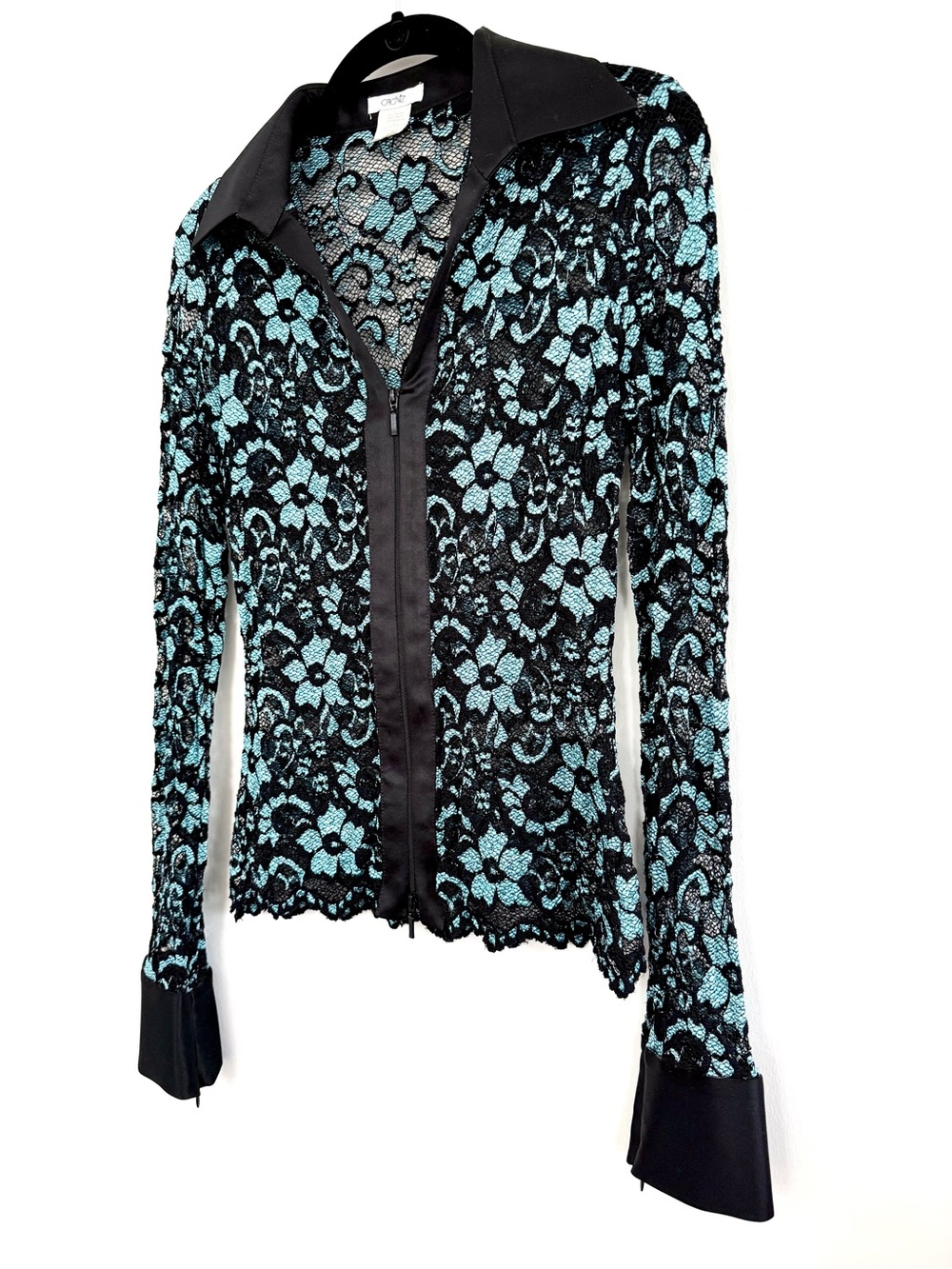 Caché Lacy Double Zip Blouse
| Black & Aqua Floral Lace Shirt | Vintage Y2K 90s - Picture 2 of 10